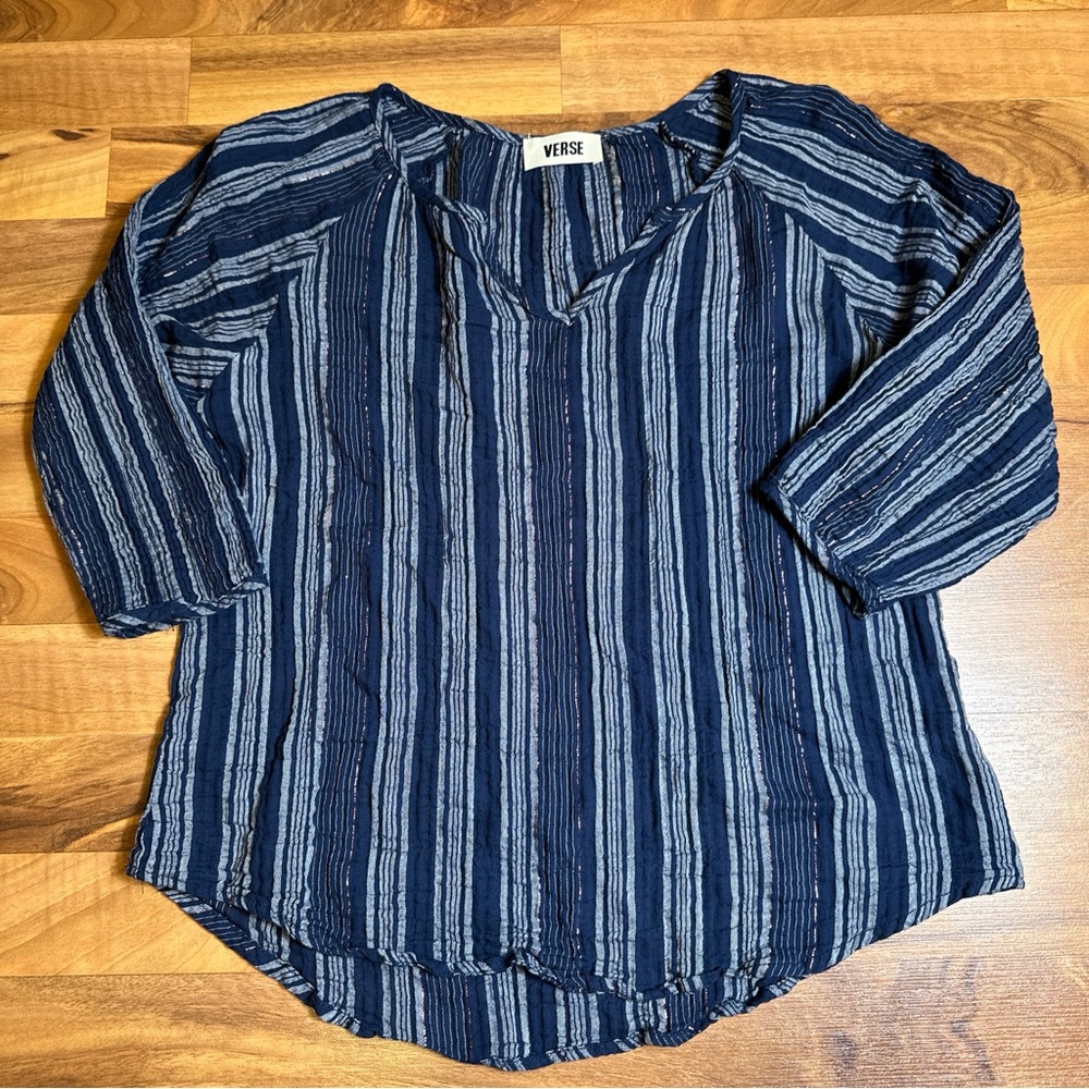 VERSE Short Tunic Navy Blue With‎ Metallic Rose Gold Stripes Size Medium